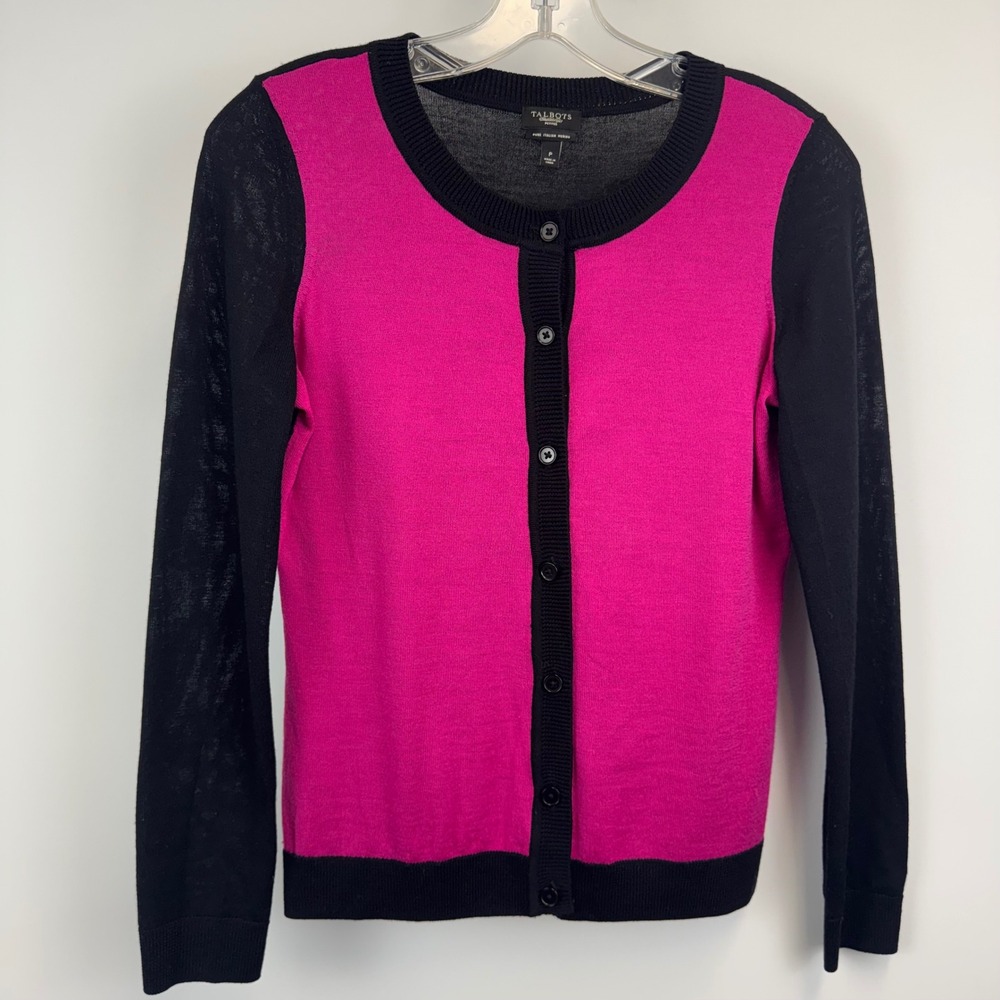 Talbots Petites Pink Black Colorblock Merino Wool Cardigan Sweater Size P